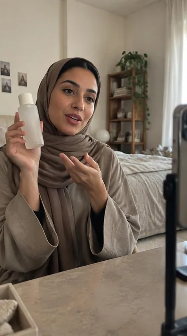 Najdi creator filming a skincare bottle in Riyadh